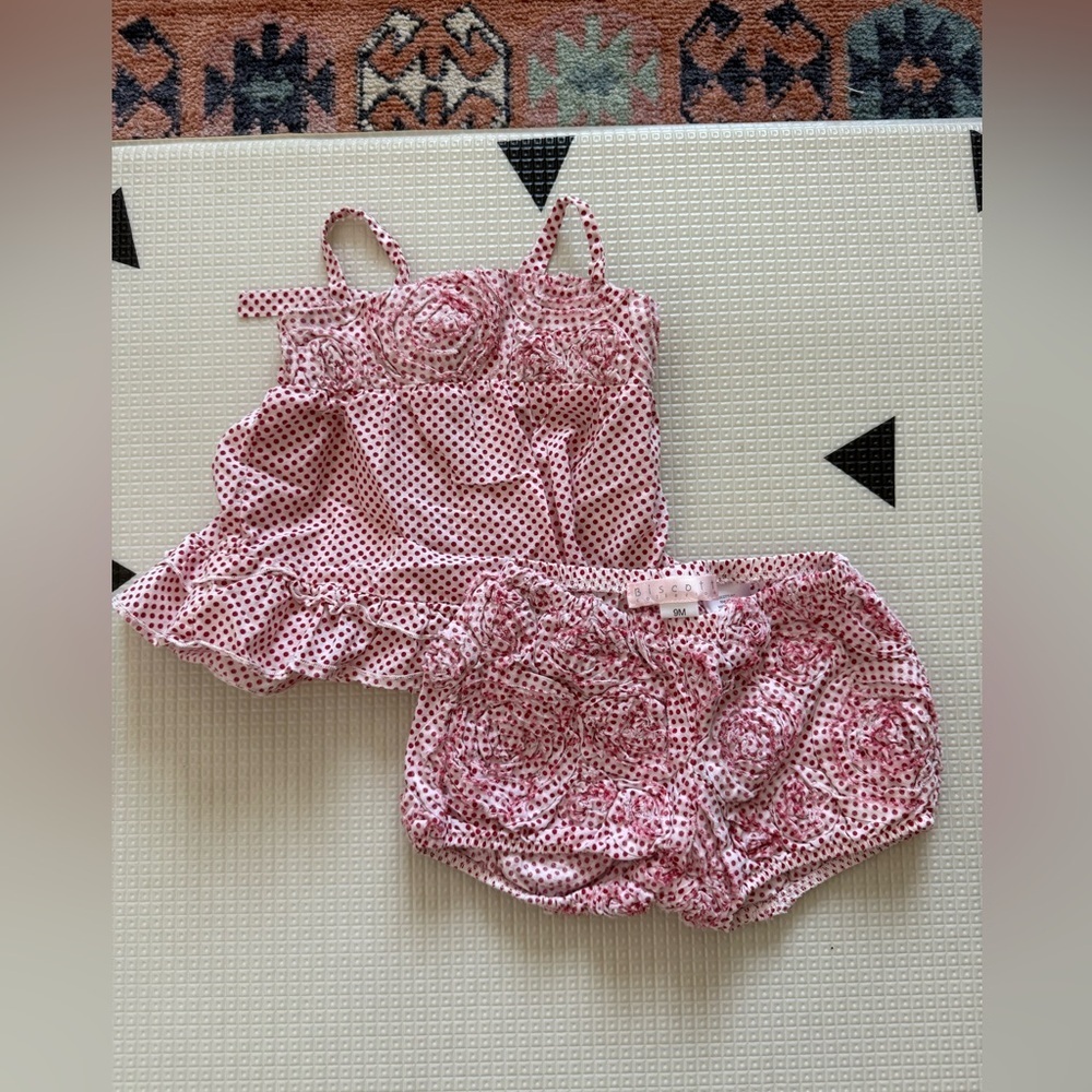 Biscotti|Vintage style Baby girl Red Polka Dot matching set,diaper cover & top•